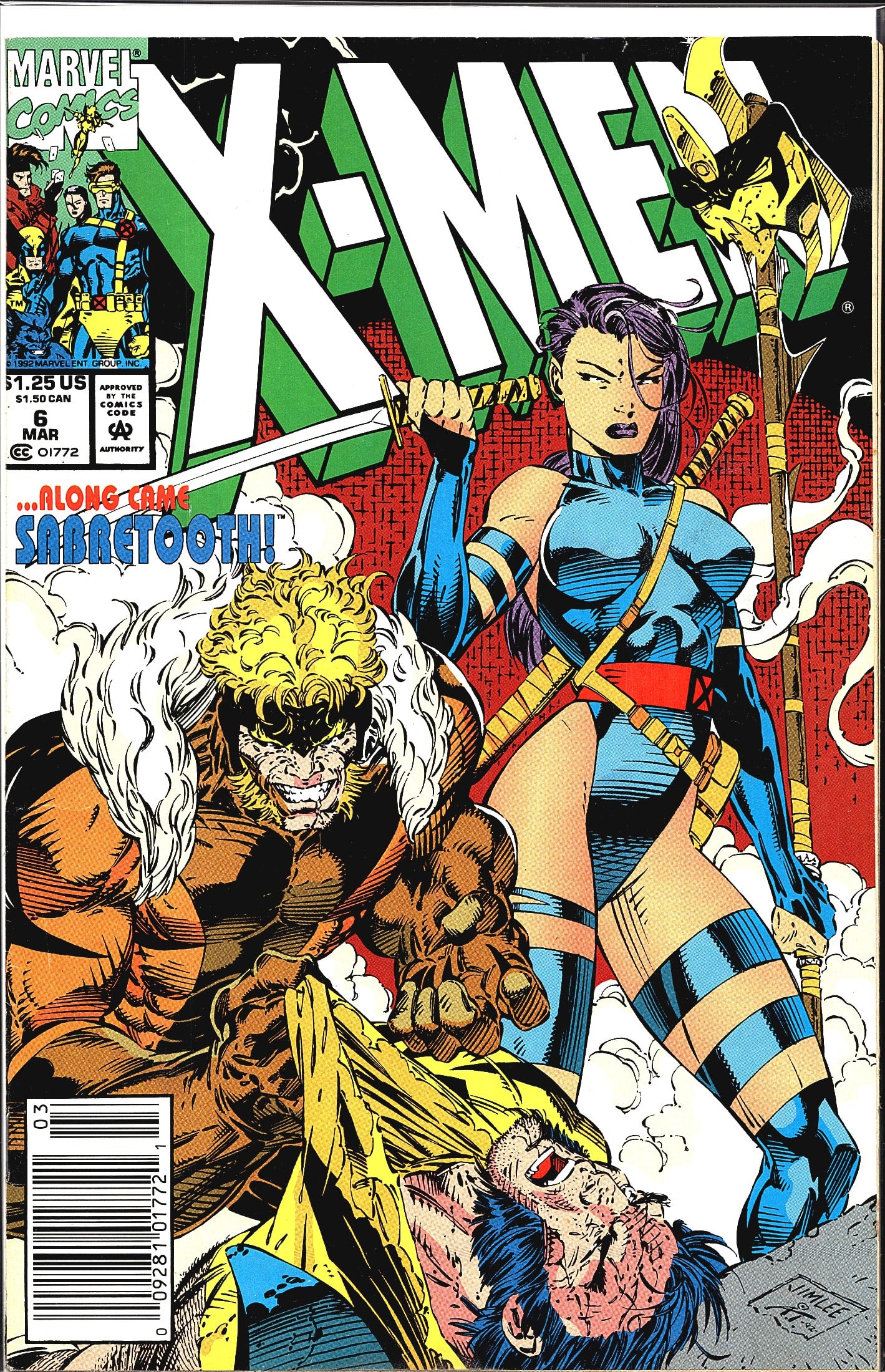 1993 Marvel Comics X-Men #6 Comic Book: X-Men #6 (March 1992) published by Marvel Comics, featuring the story '...Along Came Sabretooth!' Cover art by Jim Lee, as indicated by the visible signature on the lower right. The cover prominently