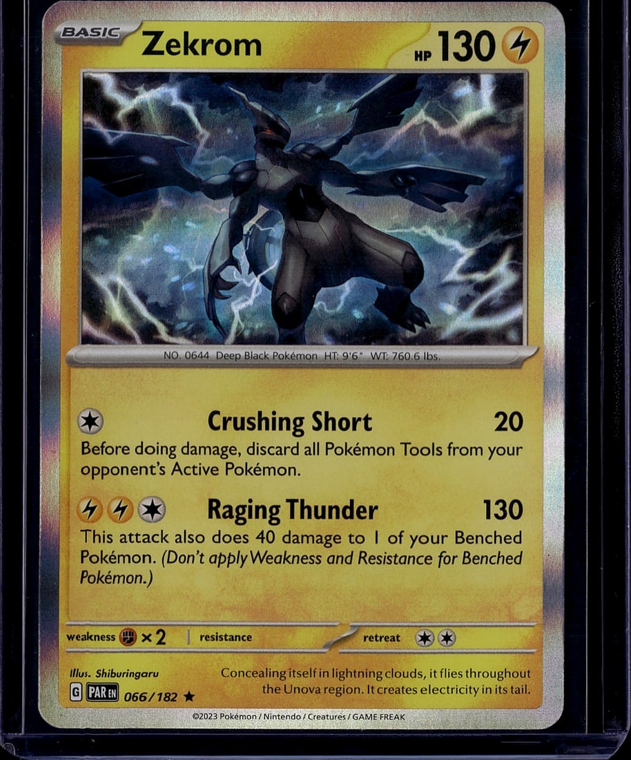 2023 Pokemon Scarlet Violet Paradox Rift Zekrom 0: Zekrom is a Lightning-type Basic Pokemon card from the Scarlet & Violet: Paradox Rift expansion (SV04), released November 3, 2023. It is a Holo Rare with 130 HP, featuring the attacks Crushing Short a