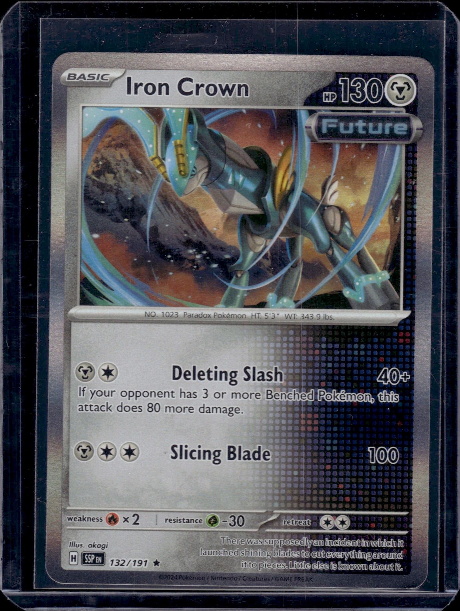 Iron Crown 132/191 Pokemon Scarlet Violet Future: This is a raw Pokemon Trading Card Game single from the Scarlet & Violet expansion set, featuring Iron Crown (No. 1023, Paradox Pokemon). The card displays excellent centering and sharp corners with
