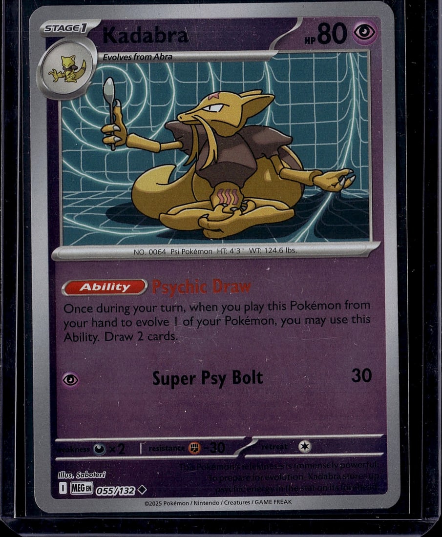 Kadabra 055/132 Pokemon Single Card - Stage 1 Psy: This is a raw Pokemon Kadabra single card (No. 0064) from a modern set, featuring the Stage 1 evolution with 80 HP. The card showcases Kadabra in excellent detail, illustrated by Saboteri, and