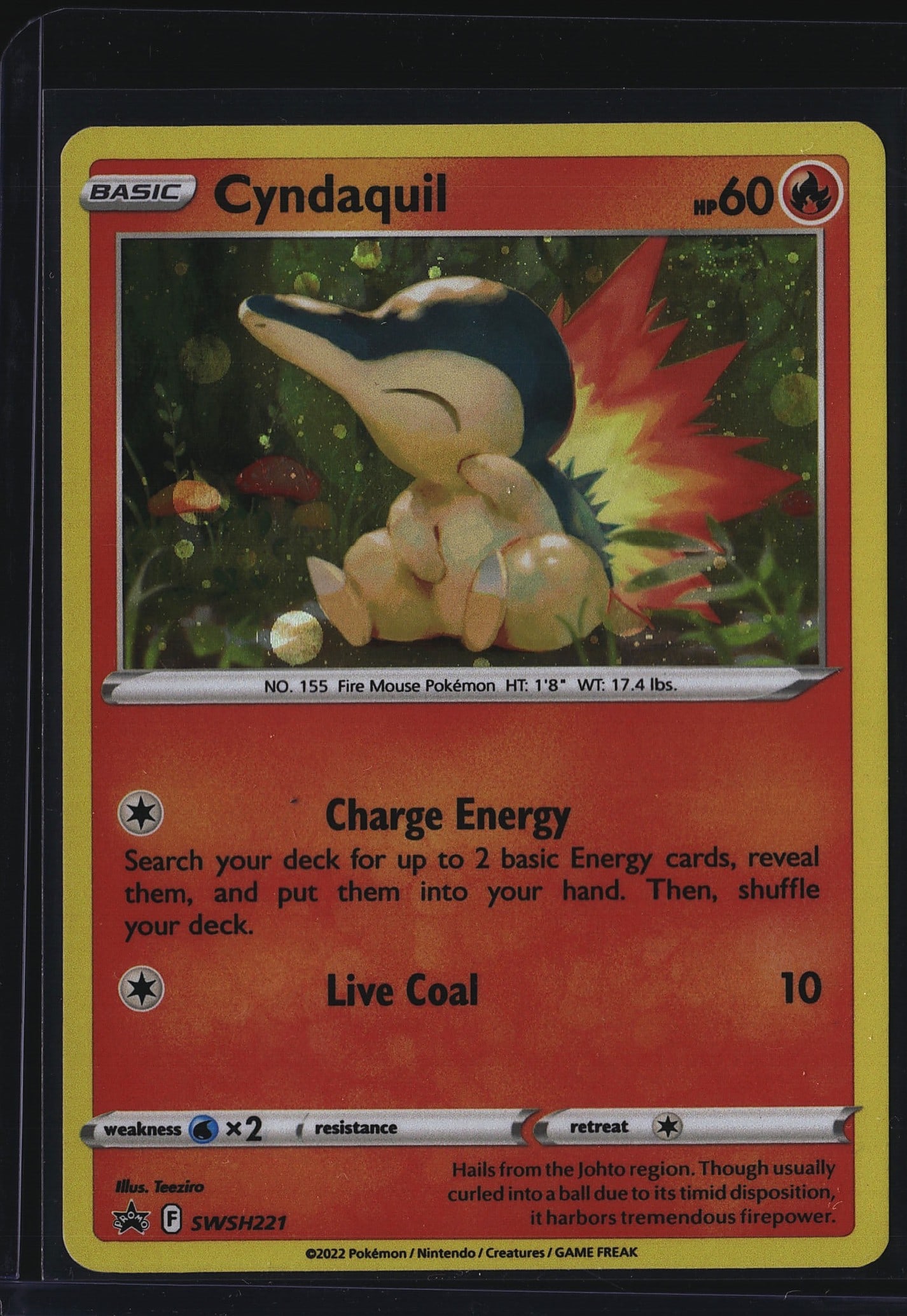 2022 Cyndaquil SWSH Black Star Promos SWSH221 Pok: This listing features a 2022 Pokemon Trading Card Game Cyndaquil, card number SWSH221, from the Sword & Shield Black Star Promo series. Cyndaquil is Pokedex No. 155, the Fire Mouse Pokemon from the