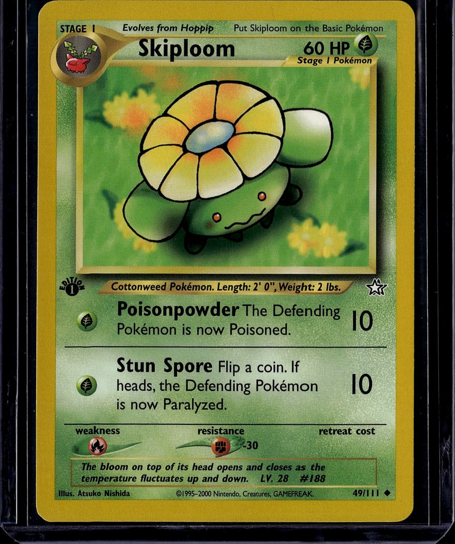 Skiploom 49/111 Pokemon Base Set 2000 Stage 1 Gra: This is an Unlimited Edition Skiploom Pokemon Trading Card from the classic Base Set released in 2000 by Nintendo. Card #49/111, this Stage 1 Grass-type creature features the original Atsuko Nishida