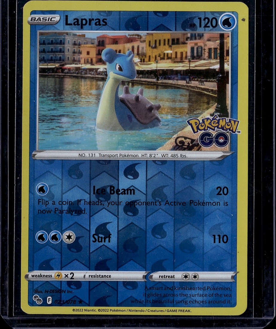 Lapras No. 131 Pokemon GO 2022 Basic Water Type S: This is a raw Lapras Pokemon card from the 2022 Pokemon GO set, featuring card number 131. The card showcases Lapras, a Transport Pokemon standing 8'2" and weighing 485 lbs, depicted in a stunning rea