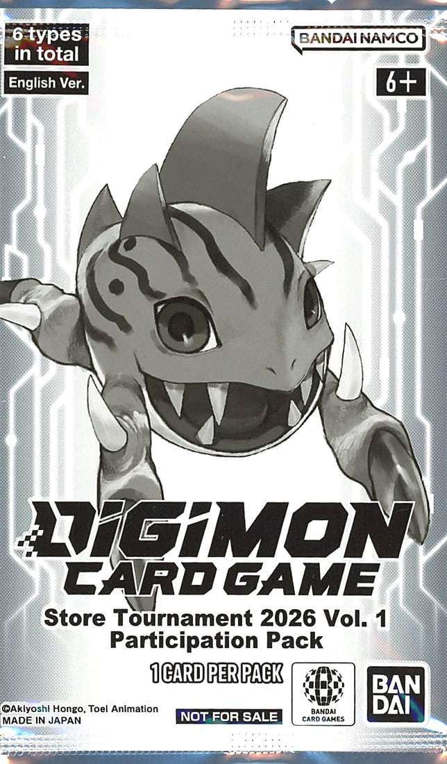 2026 Bandai Store Tournament Digimon Vol. 1 Parti: This is an official Digimon Card Game Store Tournament 2026 Vol. 1 Participation Pack published by Bandai Namco in English. The pack contains 1 card per pack and features 6 types in total across the