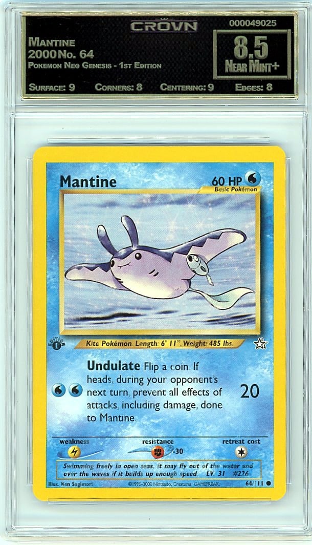 2000 Mantine Pokemon Neo Genesis - 1st Edition #6: Graded by Crown Grading. Grade: 8.50. Near Mint+