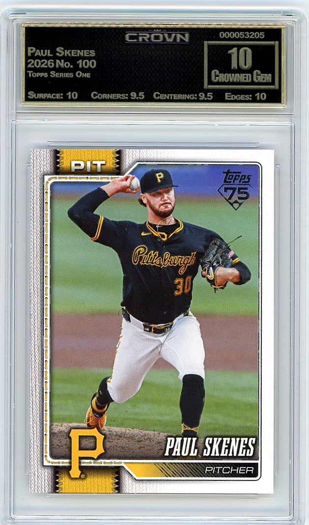 2026 Paul Skenes Topps Series One #100 Crown 10.0: Graded by Crown Grading. Grade: 10.00. Crowned Gem