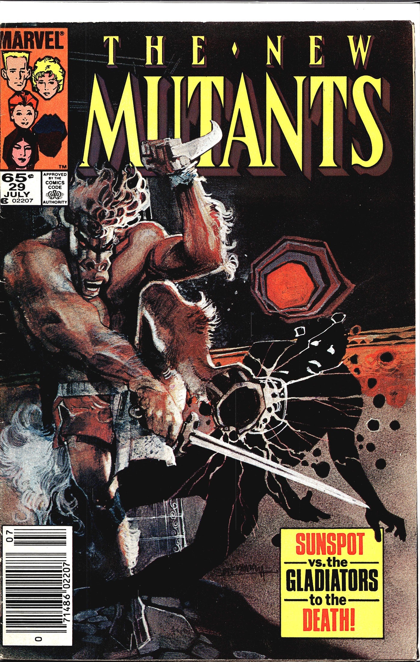 1985 Marvel The New Mutants #29 Strong Guy 1st Ap: The New Mutants #29, published by Marvel Comics, cover dated July 1985, priced at 65 cents. This issue features the cover story 'Sunspot vs. the Gladiators to the Death!' with dramatic cover artwork