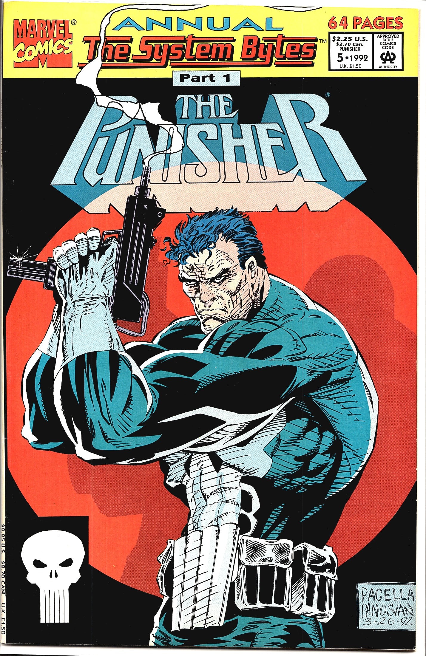 1992 Marvel The Punisher Annual #5 The System Byt: This is The Punisher Annual #5 published by Marvel Comics in 1992, featuring the story arc 'The System Bytes' Part 1. The cover, signed by artists Pacella and Panosian and dated 3-26-92, depicts the P