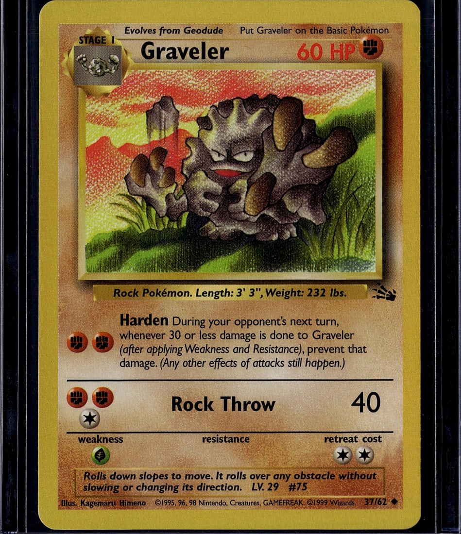 1999 Wizards of the Coast Fossil Graveler 37/62 P: Graveler is an Uncommon Fighting-type Stage 1 Pokemon card from the 1999 Pokemon TCG Fossil expansion, the third set released by Wizards of the Coast. It is card #37 of 62 in the set, illustrated by