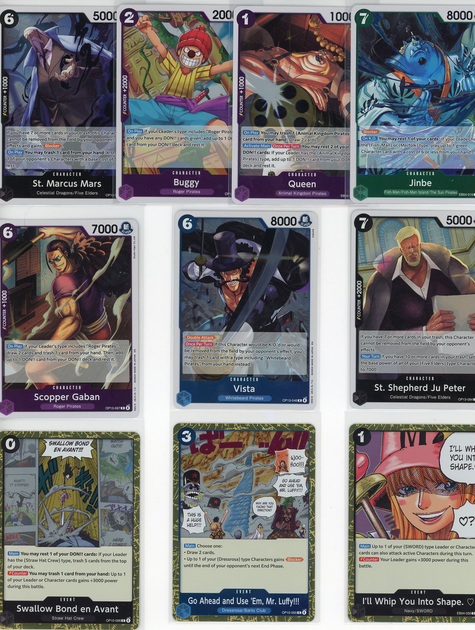 Lot of 10 One Piece Foil Trading Cards - Bandai T: This lot contains 10 One Piece foil trading cards from the Bandai One Piece Trading Card Game. The collection features a diverse mix of iconic characters including St. Marcus Mars, Buggy, Queen,