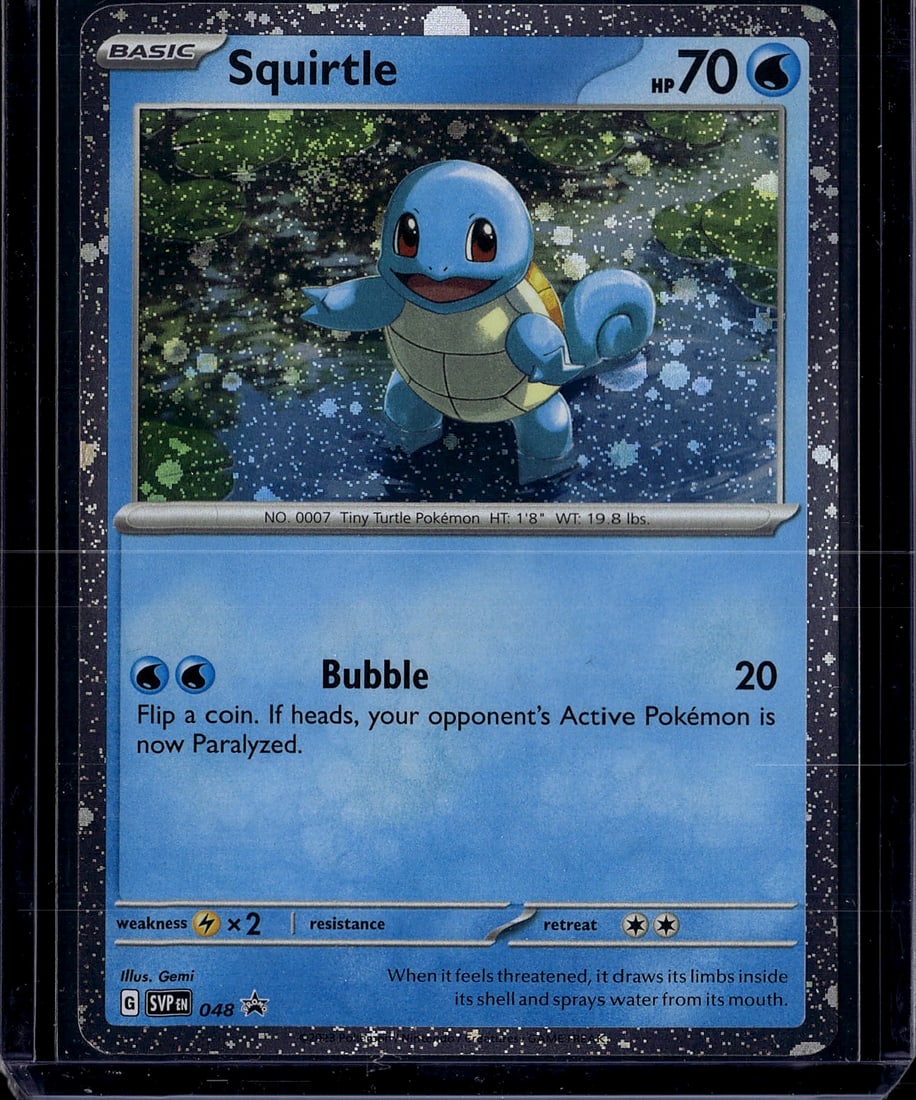 Squirtle Base Set 007 Pokemon Card - Vintage 1999: This is an authentic Squirtle Pokemon Trading Card from the iconic Base Set, released in 1999. Card #007 features the beloved Water-type Tiny Turtle Pokemon with 70 HP. The card displays the classic B