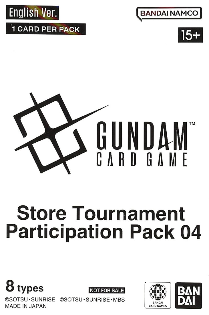 Gundam Card Game Store Tournament Participation P: This is an official Bandai Namco Gundam Card Game Store Tournament Participation Pack 04, English version. The pack contains 1 card per pack and features 8 possible card types, all of which are