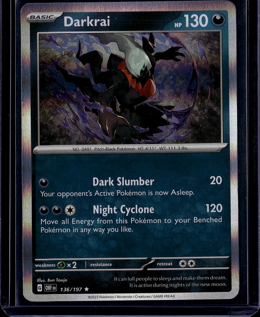 2023 Pokemon Obsidian Flames Darkrai 136 Near Min: This is a 2023 Pokemon Scarlet & Violet Darkrai card (No. 0491, card number 136/197) featuring the Pitch-Black Pokemon with 130 HP. The card displays excellent artwork by illustrator Bun Toujo and