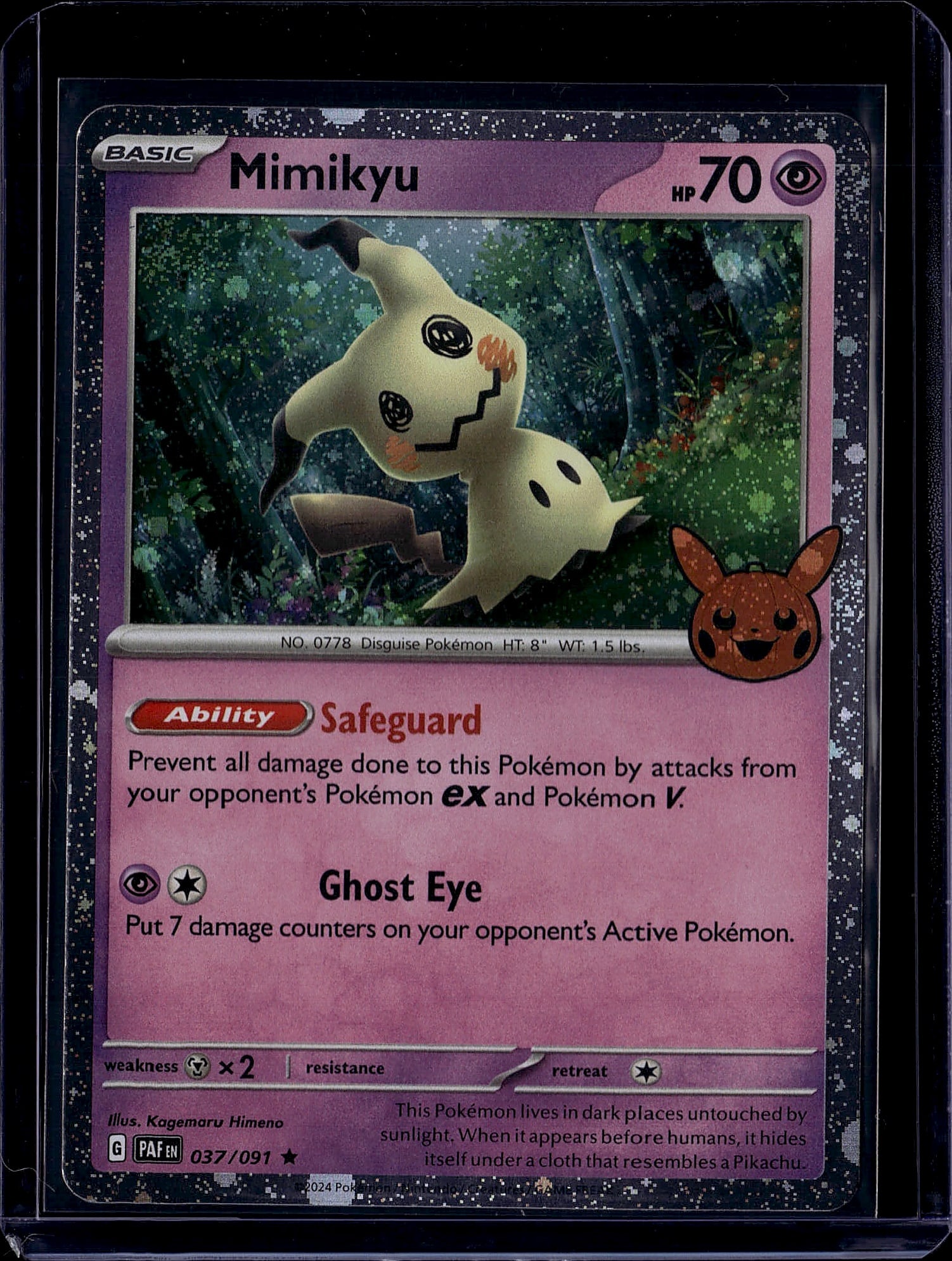 2024 Pokemon Scarlet & Violet Mimikyu 037/091 Bas: This is a 2024 Pokemon Trading Card Game card featuring Mimikyu, the iconic Psychic-type Disguise Pokemon (No. 0778). The card is from the Scarlet & Violet set and carries the card number 037/091.