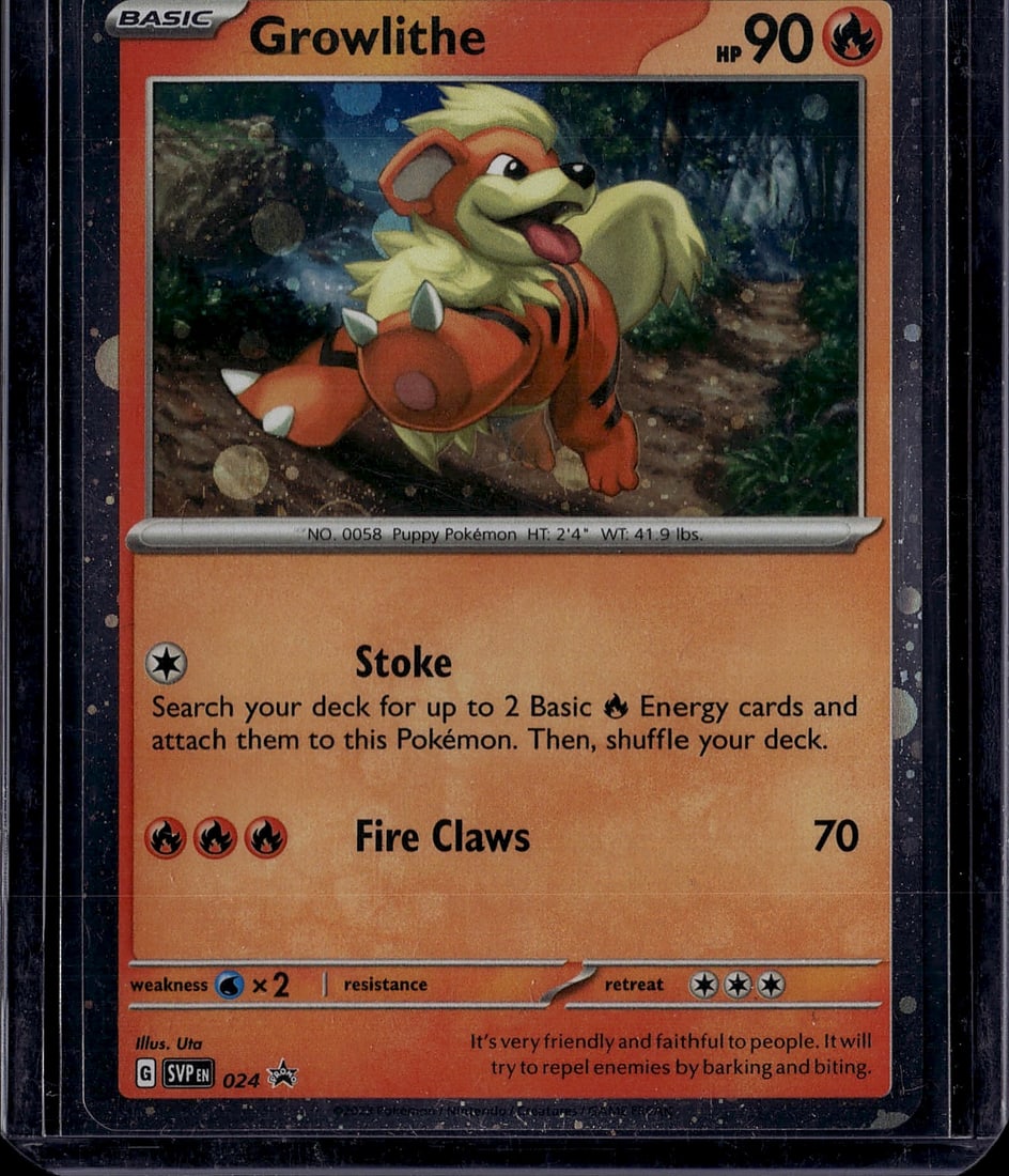 Growlithe 0058 Scarlet & Violet Pokemon Card Sing: This is a raw Growlithe Pokemon card (No. 0058) from the Scarlet & Violet set, a Puppy Pokemon Basic Fire-type card with 90 HP. The card features vibrant artwork depicting Growlithe in a forest