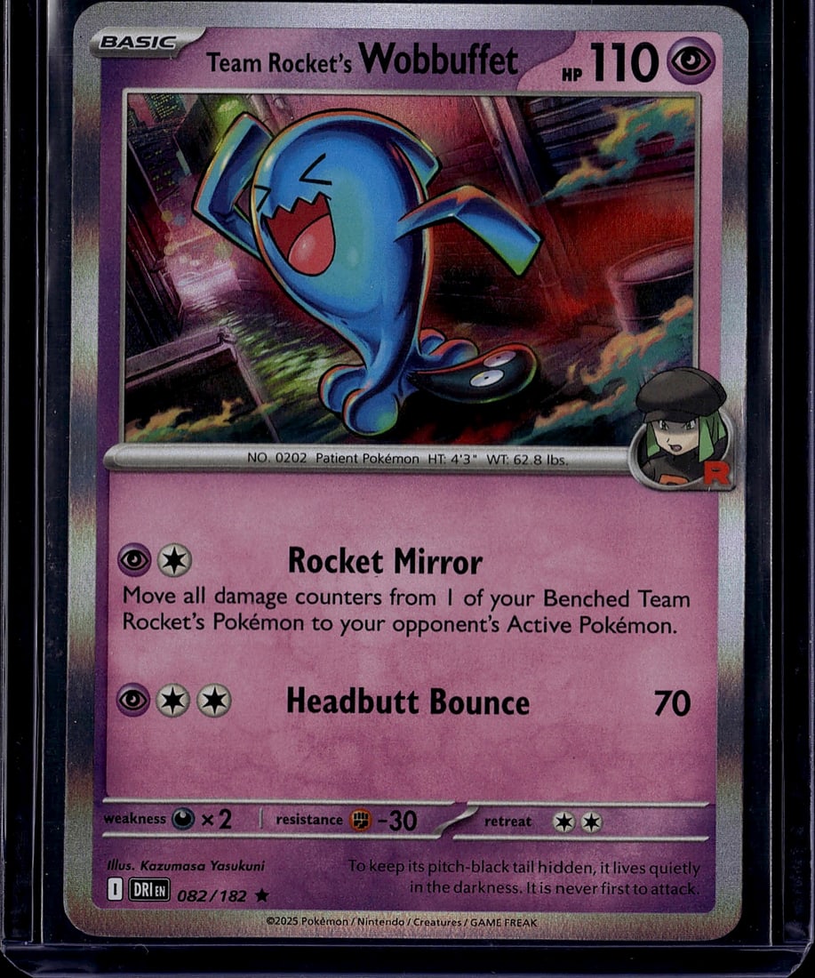 2025 Pokemon Destined Rivals Team Rocket's Wobbuf: This is an official Pokemon Trading Card Game card featuring Team Rocket's Wobbuffet from the Scarlet & Violet expansion set. The card is a Basic Psychic-type Pokemon with 110 HP, illustrated by