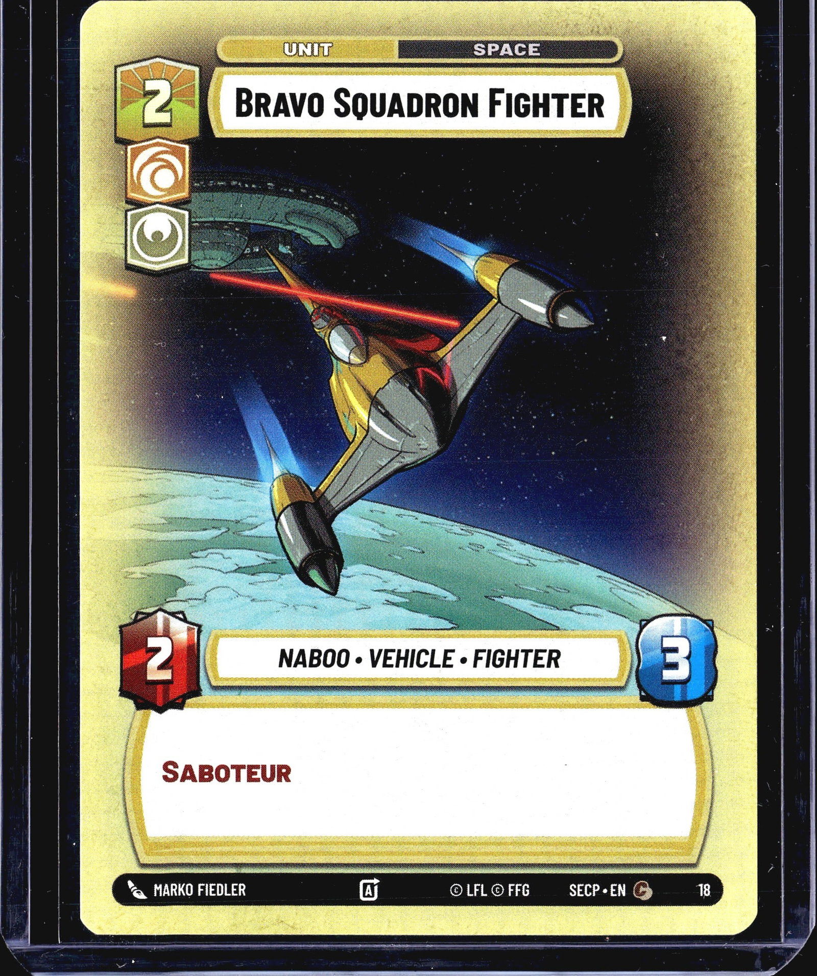 2024 Fantasy Flight Games Secrets of Power Bravo: This listing is for the Bravo Squadron Fighter (Card #18) from the Star Wars Unlimited trading card game, set code SECP (Spark of Rebellion). It is a Unit - Space card with a cost of 2, power of 2,