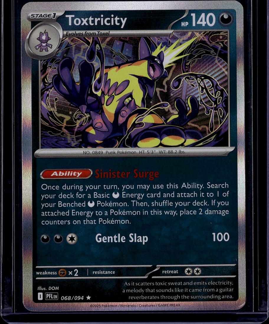 2025 Toxtricity Pokemon ME02 Phantasmal Flames 06: Toxtricity (Amped Form) is a Darkness-type Stage 1 Pokemon card from the ME02: Phantasmal Flames expansion, numbered 068/094 with 140 HP. It features the Sinister Surge Ability and the Gentle Slap