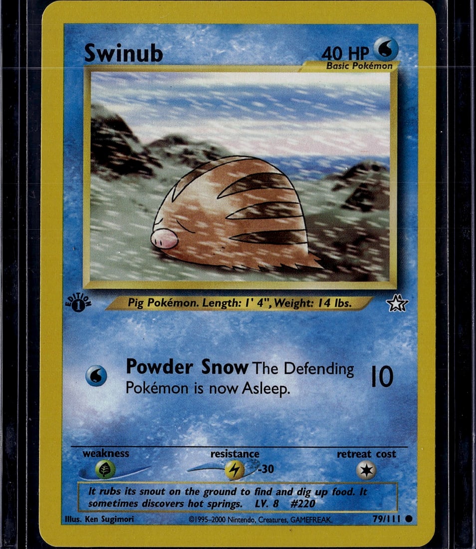 Swinub 79/111 Base Set Pokemon Card - Pig Pokemon: This is an ungraded Swinub Pokemon trading card from the Base Set released in 2000 by The Pokemon Company. Card #79/111 features the Pig Pokemon Swinub with 40 HP and Water type. The card displays