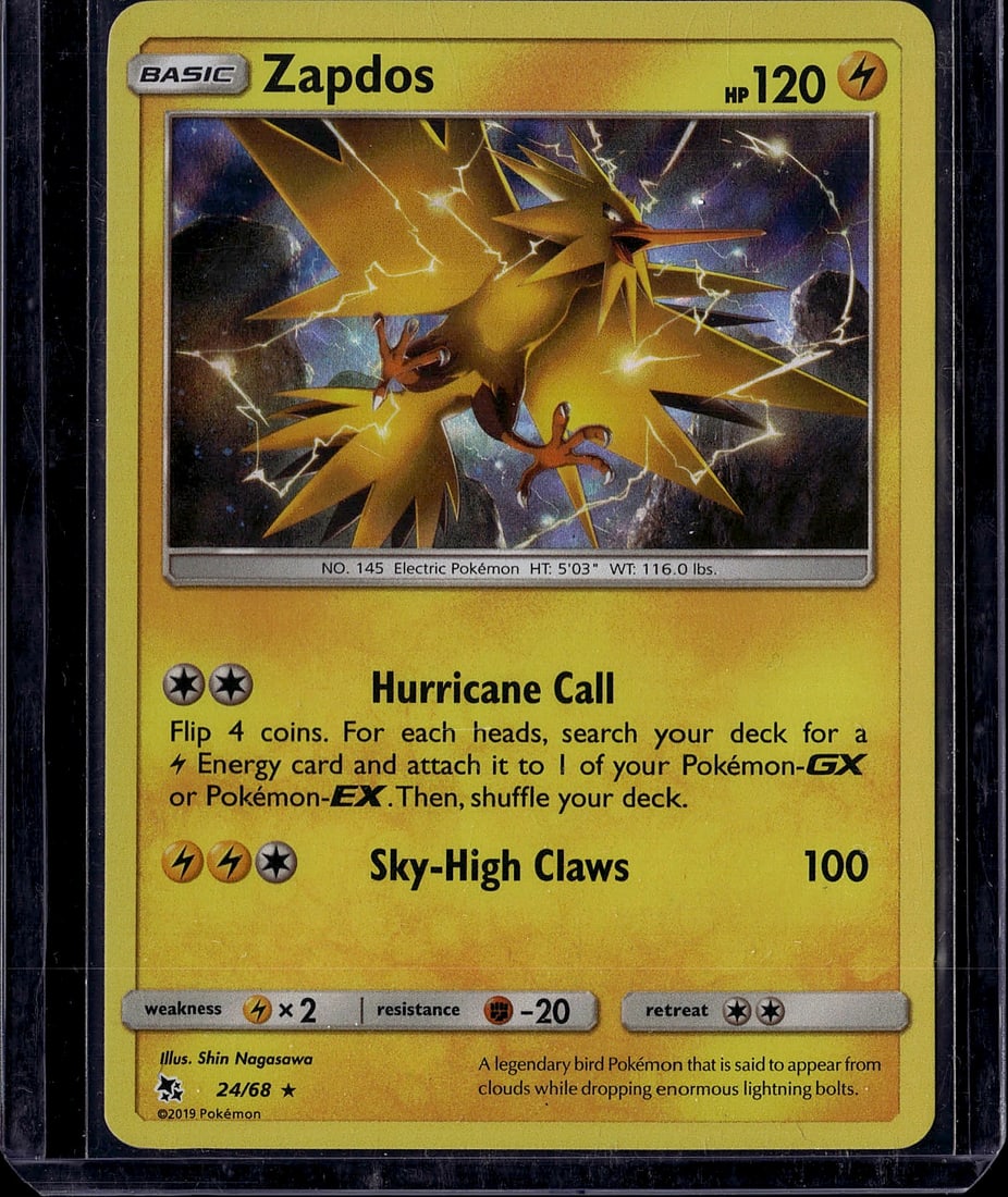 Zapdos 145 Hidden Fates Pokemon Card - Electric T: This is a raw Zapdos Pokemon card from the 2019 Hidden Fates set, card number 145. Zapdos is a legendary Electric-type Pokemon depicted in dynamic artwork with powerful lightning bolts surrounding