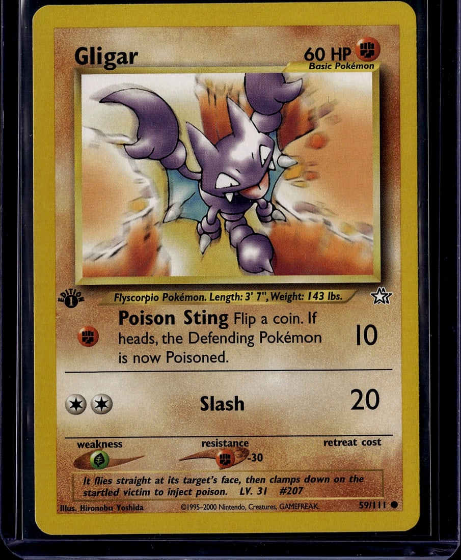2000 Pokemon Neo Genesis Gligar 59/111 Near Mint: This is an authentic Gligar Pokemon trading card from the Base Set released by The Pokemon Company in 2000. The card features artwork by Hironobu Yoshida and displays Gligar, a Flying/Scorpio-type Pok