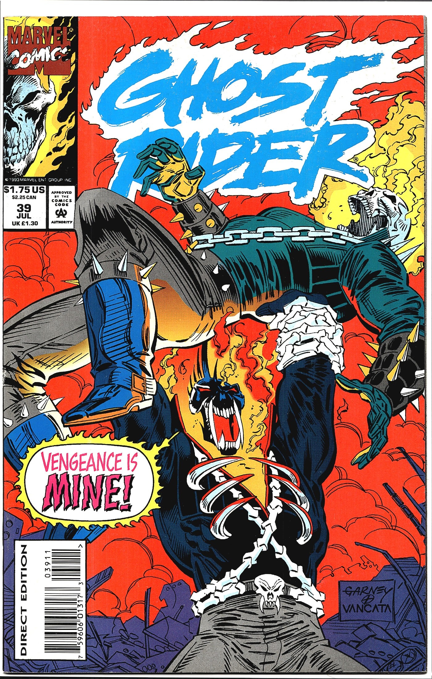 1993 Marvel Ghost Rider Vol. 2 #39 Comic Book: This is Ghost Rider #39 published by Marvel Comics, dated July 1993, priced at $1.75 US / $2.25 CAN. This is a Direct Edition copy, featuring cover art by Garney and Vancata. The cover depicts Ghost