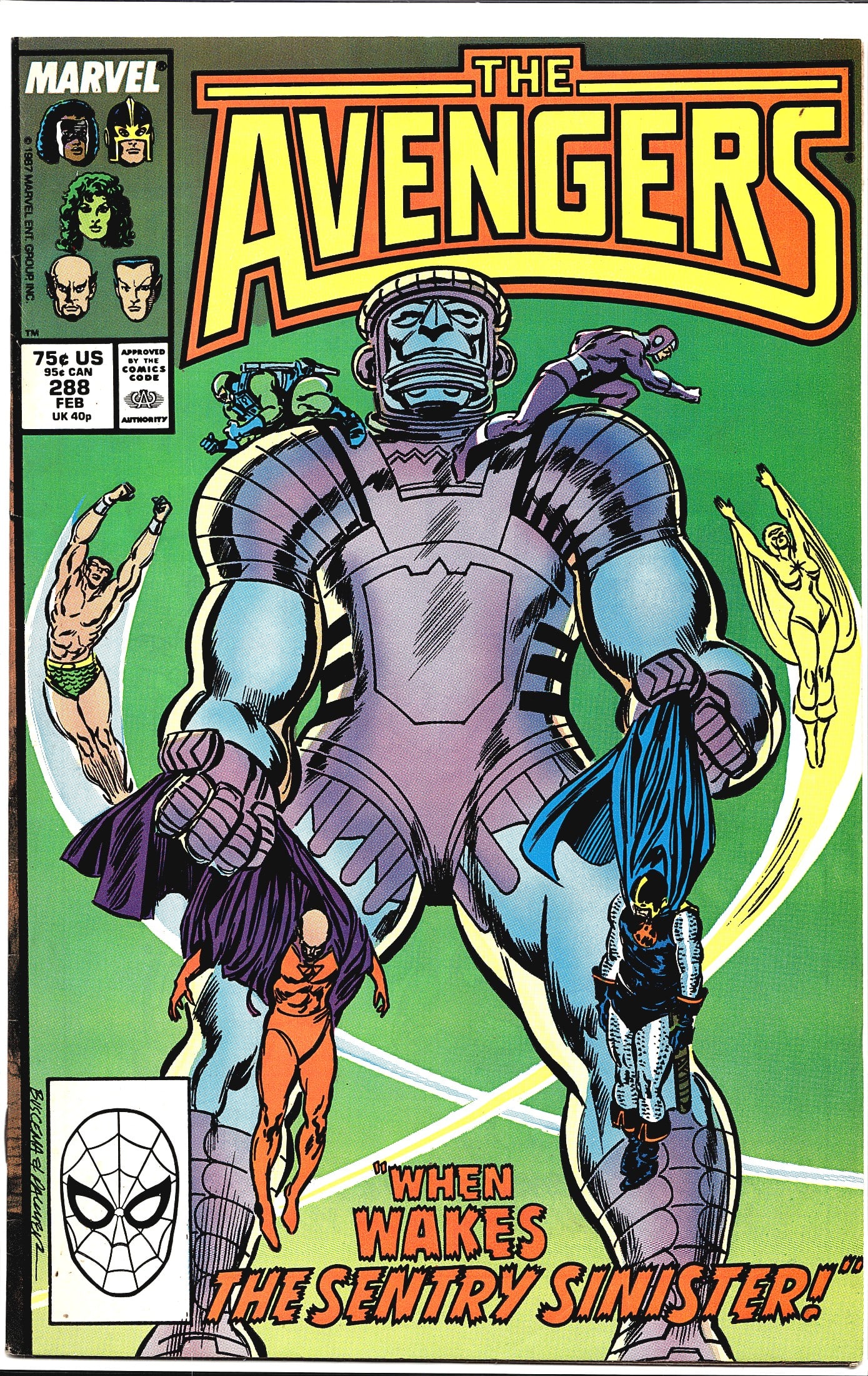 Marvel The Avengers 1988 #288 Comic Book: The Avengers #288, published by Marvel Comics in February 1987, priced at 75 US / 95 CAN / 40p UK. The cover features a massive robotic villain known as the Sentry Sinister dominating the