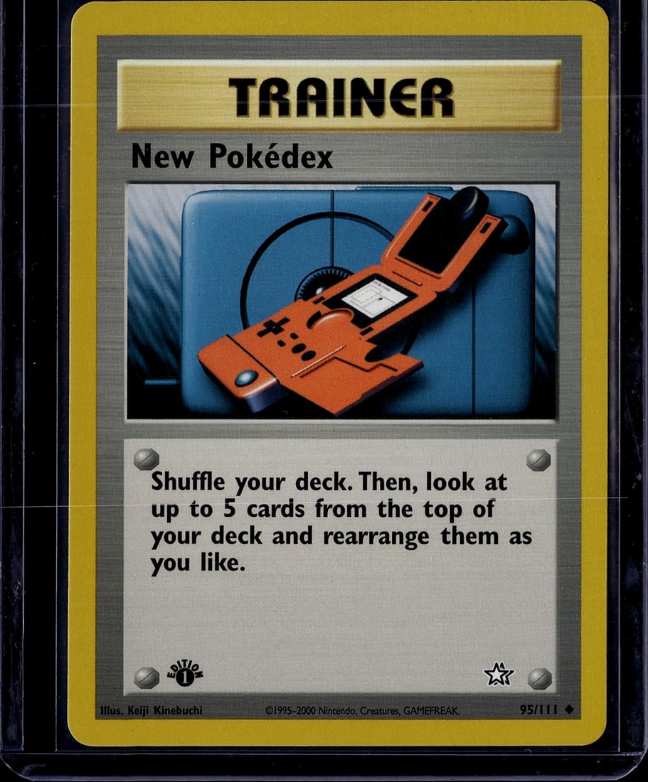 2000 Wizards of the Coast Neo Genesis New Pokedex: New Pokedex is an Uncommon Trainer card from the Neo Genesis set (95/111), released in December 2000 by Wizards of the Coast. Illustrated by Keiji Kinebuchi, it is available in both 1st Edition and Un