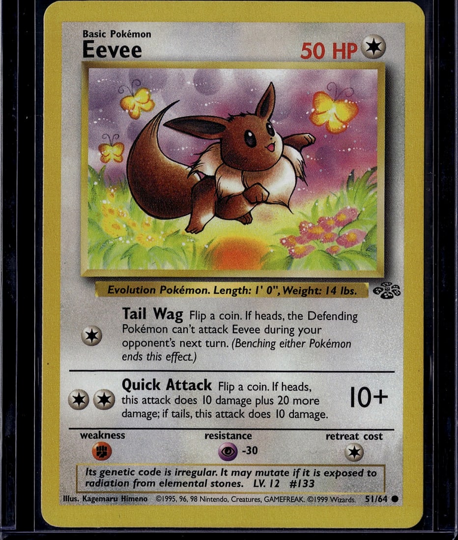 1999 Pokemon Base Set Eevee #51/64 Card - Near Mi: This is an authentic 1999 Pokemon Base Set Eevee card (#51/64), a foundational collectible from the original trading card game release. Eevee is a Basic Pokemon with 50 HP and features the iconic