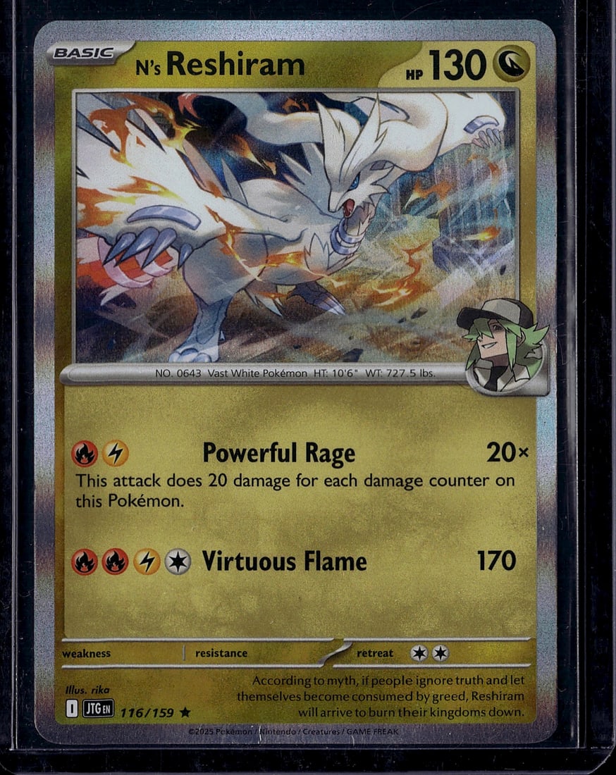 N's Reshiram 130 HP Pokemon Card 0643 Scarlet Vio: This is an N's Reshiram Pokemon trading card from the modern Scarlet & Violet era. The card features a stunning full-art illustration of the Vast White Pokemon in dynamic combat, with vibrant fire