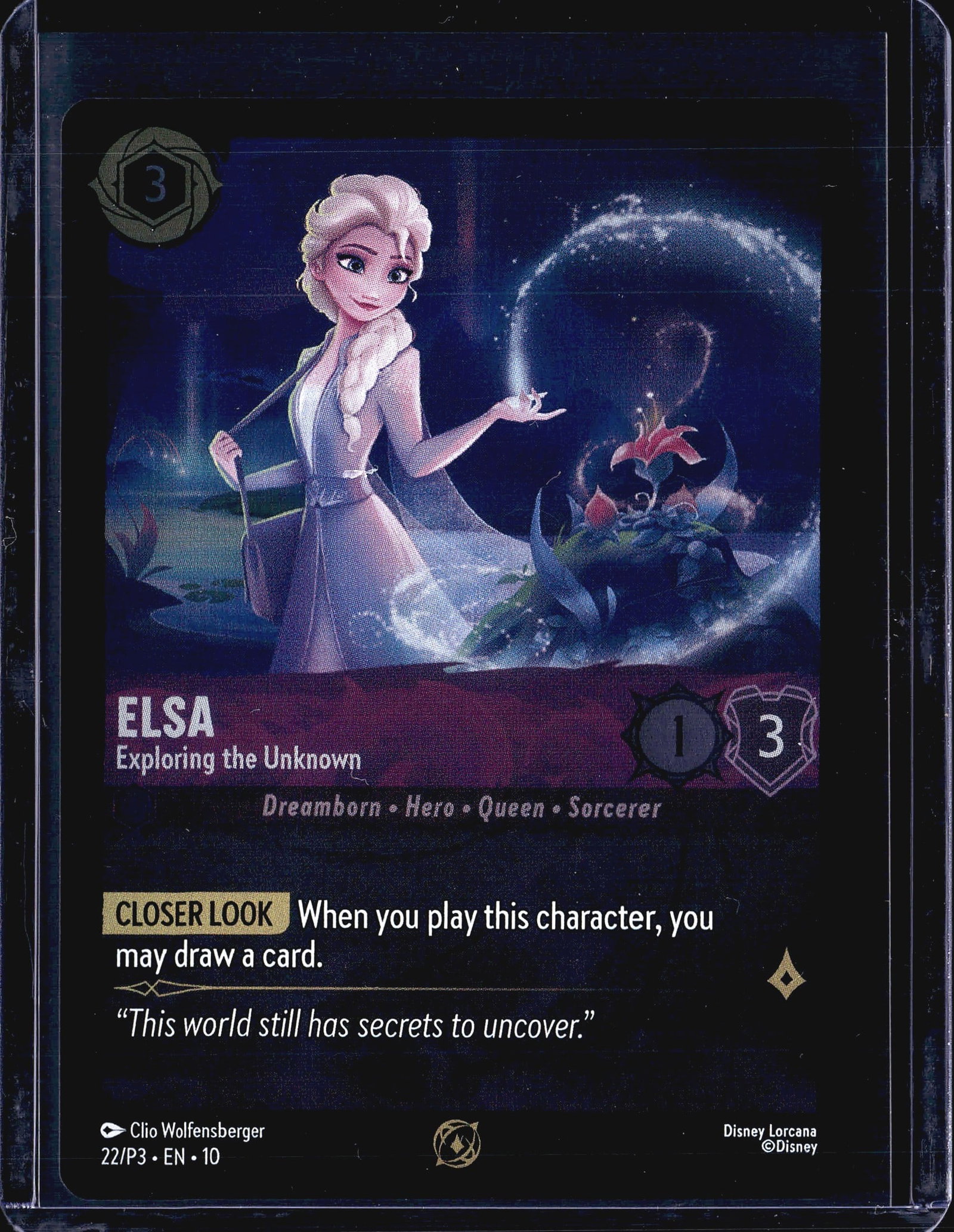 2024 Disney Lorcana Whispers in the Well Elsa 22/: This listing features Elsa - Exploring the Unknown, card number 22/P3 from Disney Lorcana, a promotional release illustrated by Clio Wolfensberger. The card carries the subtitle 'Exploring the