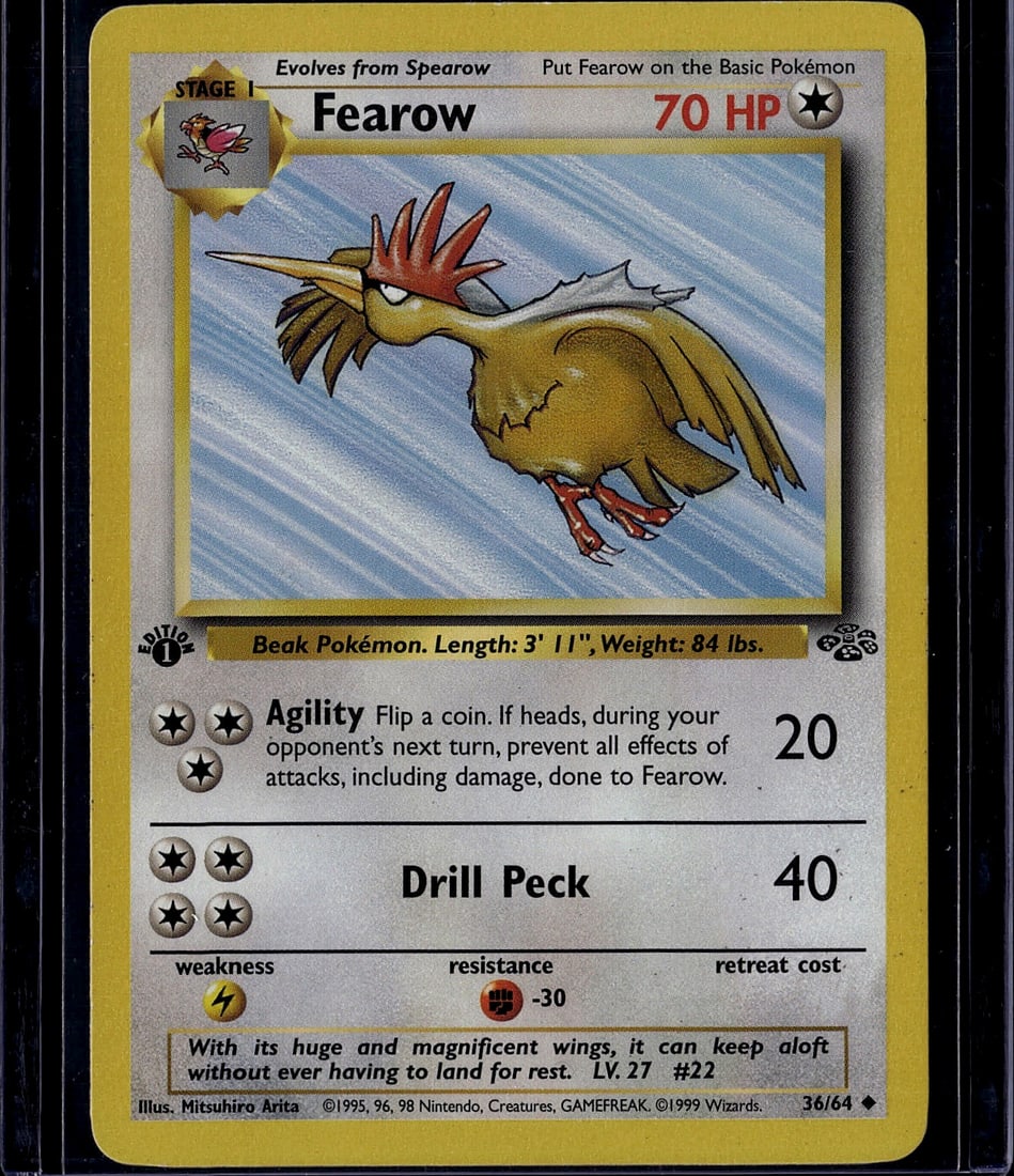 Fearow 36/64 Pokemon Base Set 1999 Stage 1 Uncomm: This is an original 1999 Pokemon Base Set Fearow card (#36/64), a Stage 1 evolution card that evolves from Spearrow. Fearow features a distinctive beak Pokemon with an HP of 70 and a colorful
