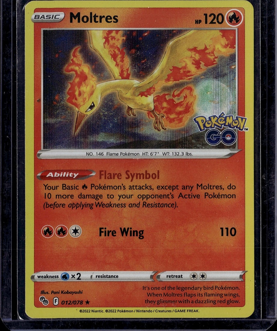 Moltres 012/078 Pokemon GO Basic Fire Type 120HP: This is a raw Moltres Pokemon single card from the 2022 Pokemon GO set. Card number 012/078, it features the legendary Fire-type bird Pokemon in stunning full-art illustration by Pani Kobayashi. The