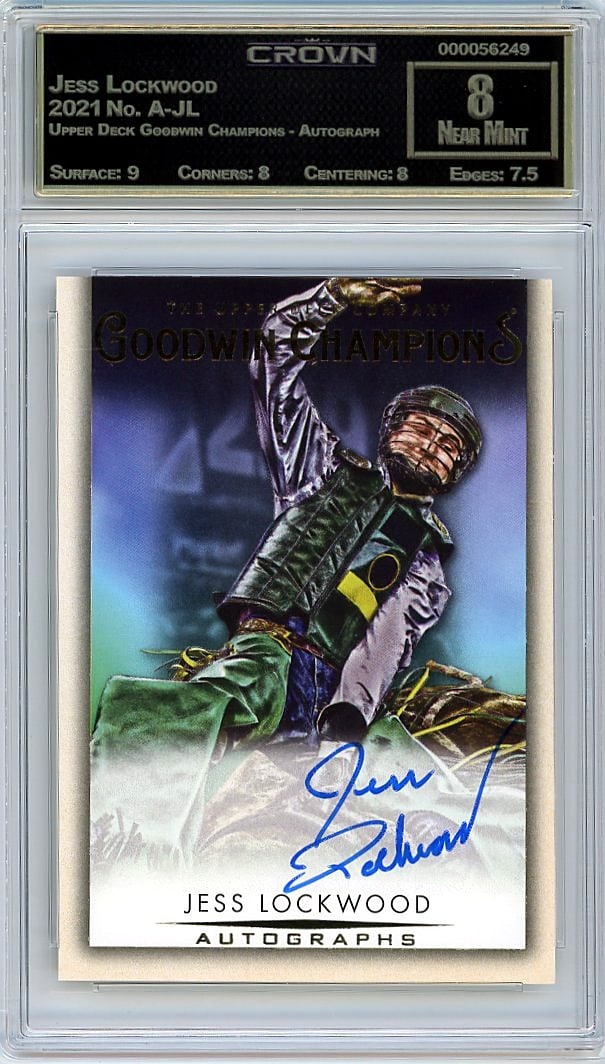 2021 Jess Lockwood Upper Deck Goodwin Champions A: This is a 2021 Jess Lockwood autographed card from the Upper Deck Goodwin Champions set, card number A-JL. It represents a premium collectible featuring Lockwood's authentic signature on an officially