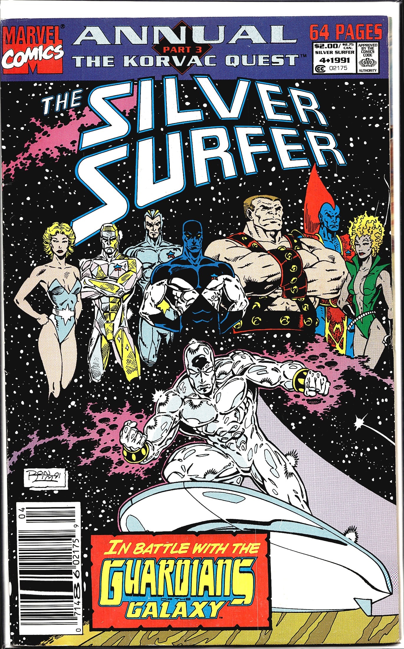 1991 Marvel Silver Surfer Annual #4 Korvac Quest: This is The Silver Surfer Annual #4 (1991) published by Marvel Comics, featuring Part 3 of 'The Korvac Quest' crossover storyline. The 64-page issue showcases the Silver Surfer in battle with the