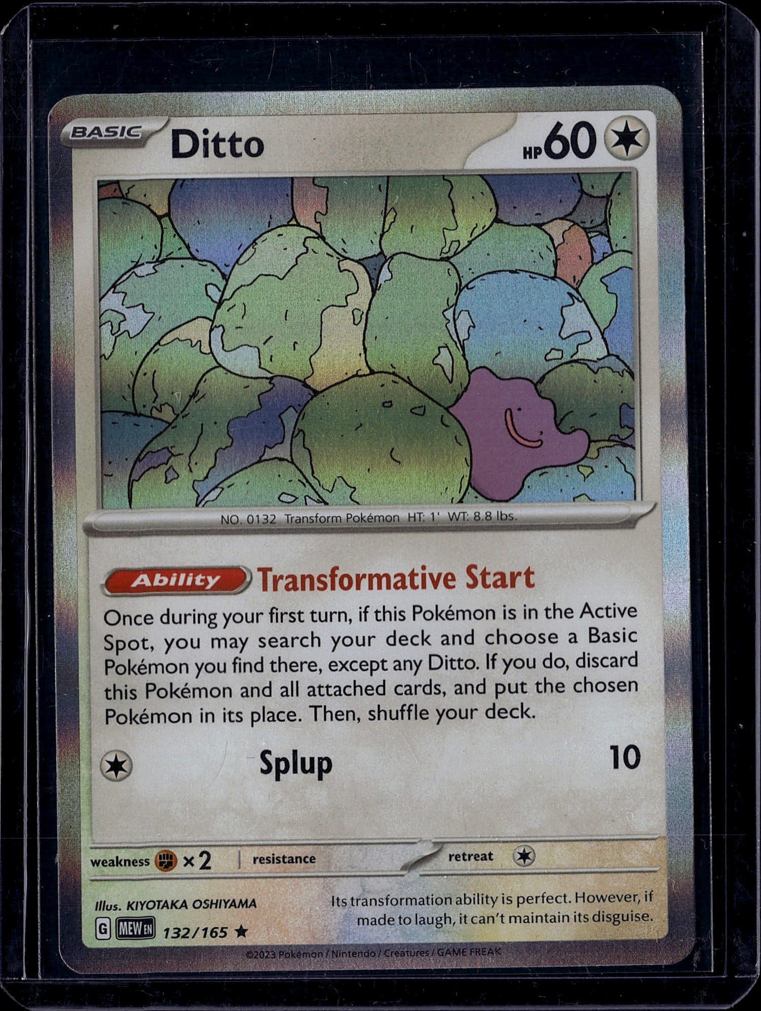 Ditto 132/165 Scarlet & Violet Pokemon Card Singl: This is a raw Ditto Pokemon card from the Scarlet & Violet set, card number 132/165. The card features a full-art illustration by KIYOTAKA OSHIYAMA depicting Ditto's transformation ability in action.
