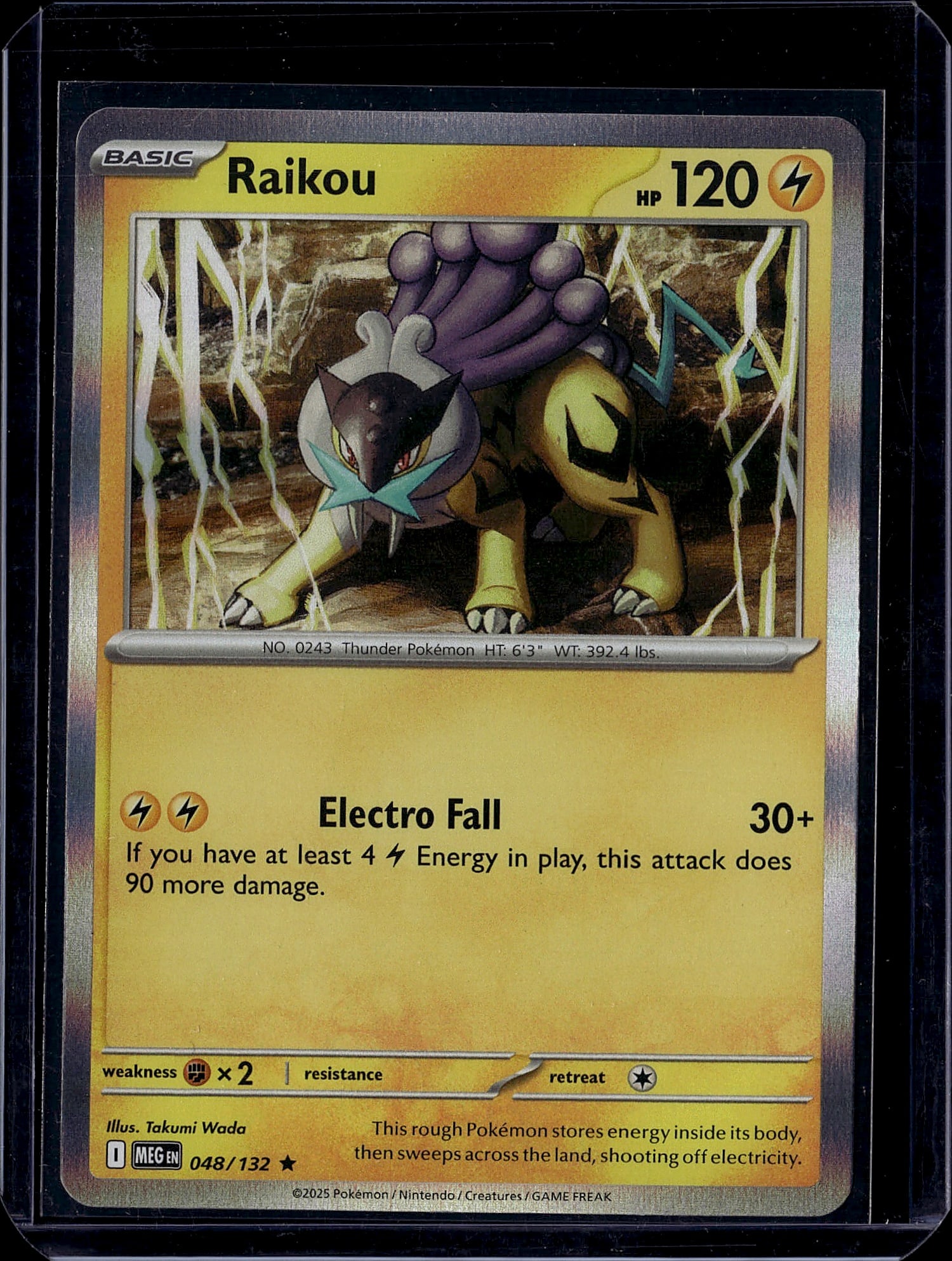 Raikou 048/132 Pokemon Scarlet & Violet Basic Thu: This is a raw Pokemon single card featuring Raikou, a Basic Thunder-type Pokemon from the Scarlet & Violet set. The card displays NO. 0243 Raikou with 120 HP and showcases the attack "Electro Fall,"