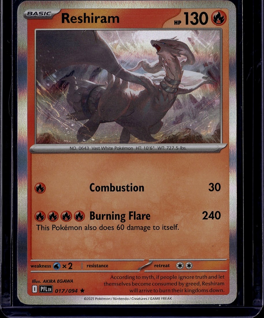 2025 Pokemon Mega Evolution Phantasmal Flames Res: Reshiram is a Basic Fire-type Pokemon card from the Pokemon TCG: Mega Evolution-Phantasmal Flames expansion (set code ME02), released November 14, 2025. It has 130 HP and features two attacks: Flame