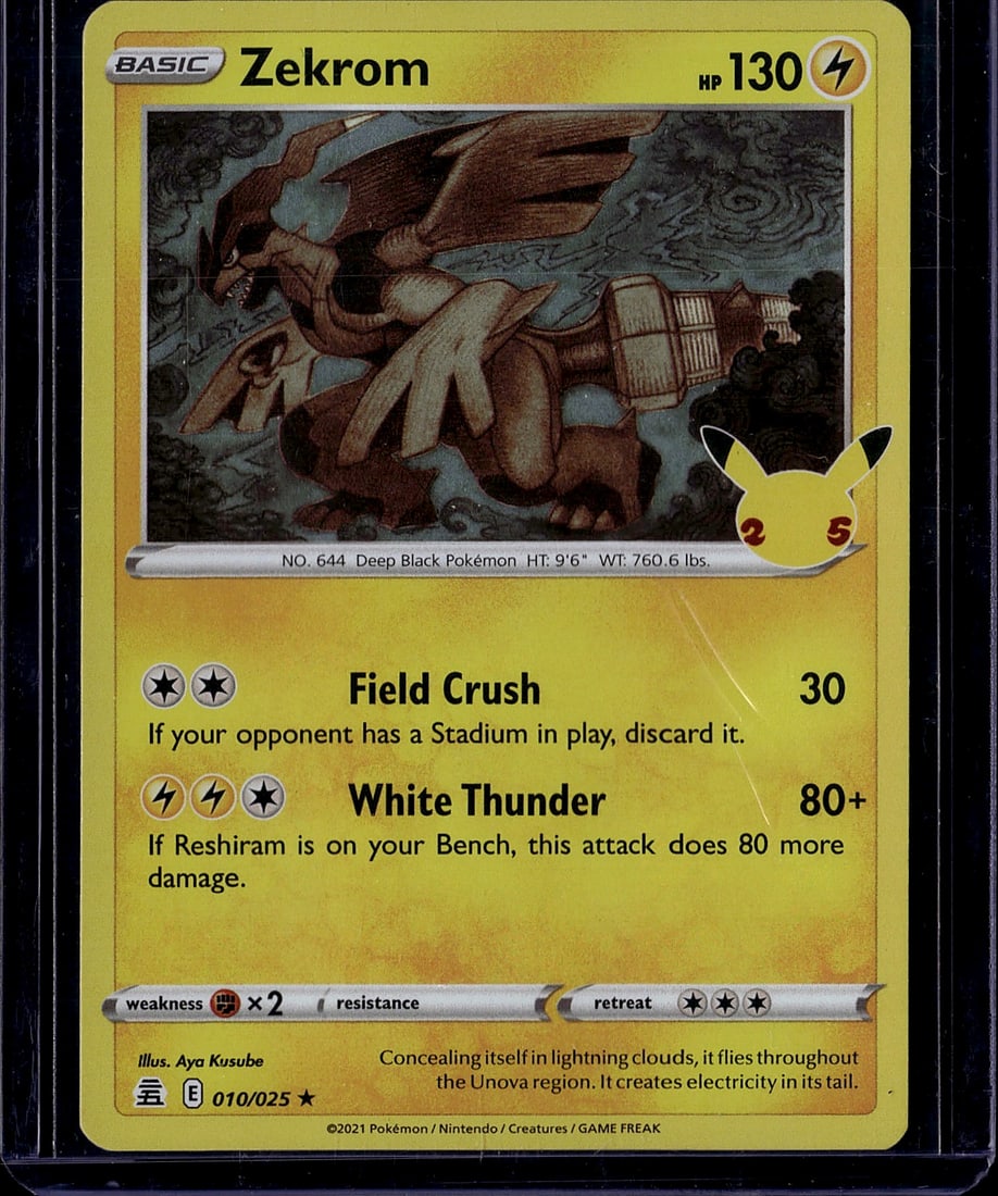 2021 Pokemon Chilling Reign Zekrom 010/025 Holo R: This is an ungraded raw Zekrom Pokemon trading card from the 2021 Chilling Reign set, card number 010/025. Zekrom is a Deep Black Pokemon, standing 9'6" tall and weighing 760.6 lbs, with 130 HP and an