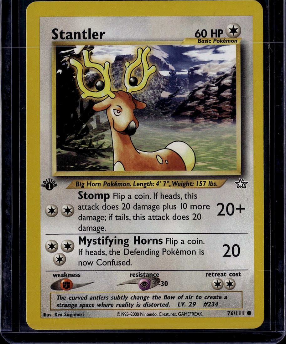 Stantler 76/111 Neo Genesis Pokemon Card | Raw Ne: This is an ungraded raw Stantler Pokemon card from the Neo Genesis set, card number 76/111. Released in 2000, this Big Horn Pokemon features the classic illustration by Ken Sugimort and showcases