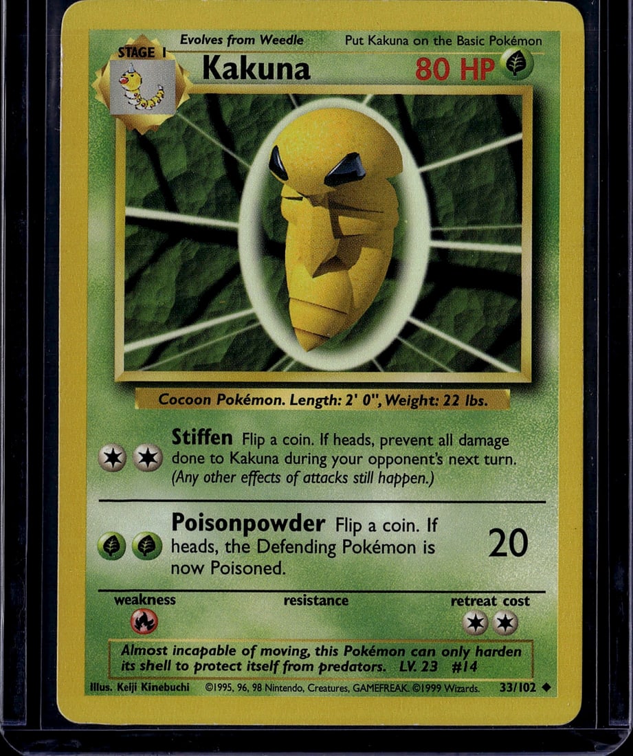 Kakuna 33/102 Base Set 1999 Pokemon Card Near Min: This is an authentic Kakuna Pokemon Trading Card from the legendary 1999 Base Set, card number 33/102. Kakuna is a Stage 1 Grass-type Pokemon that evolves from Weedle, featuring the classic artwork