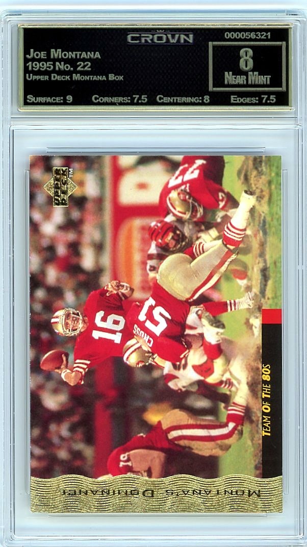 1995 Joe Montana Upper Deck Box Card #22 Crown Gr: This is a 1995 Joe Montana card from the Upper Deck Montana Box set, card number 22. It comes professionally graded and slabbed by Crown, one of the established grading companies in the trading card i