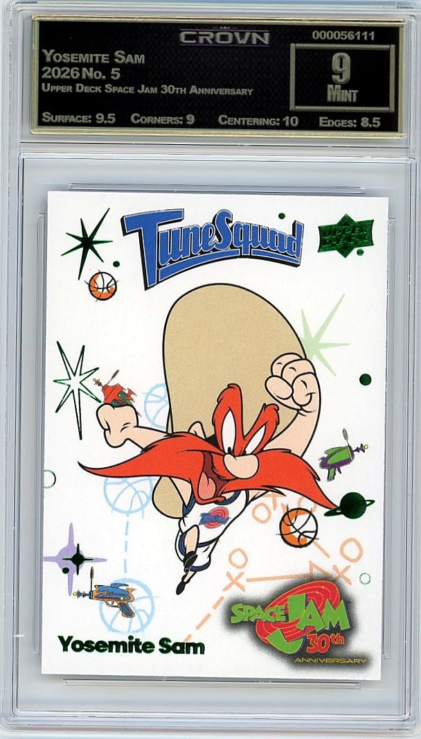 2026 Yosemite Sam Upper Deck Space Jam 30th Anniv: This is a 2026 Yosemite Sam card from the Upper Deck Space Jam 30th Anniversary set, card number 5. This card commemorates the iconic Space Jam franchise with classic character imagery from the belove