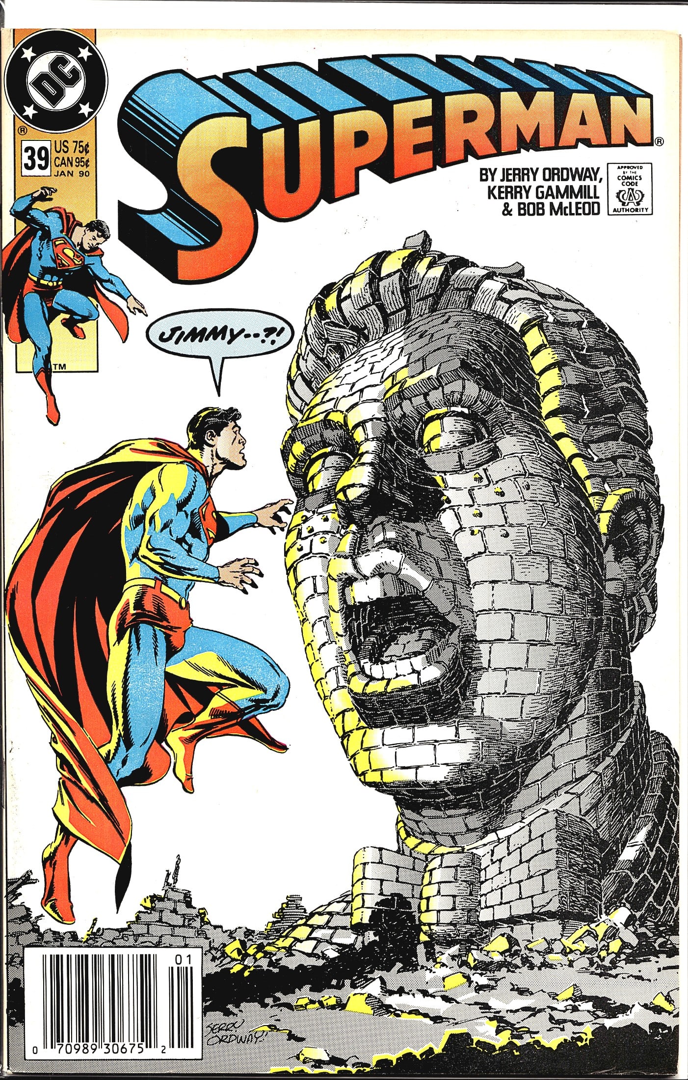 Superman Vol. 2 #39 1990 DC Comics Comic Book: Superman #39 from DC Comics, cover dated January 1990, featuring story and art credits to Jerry Ordway, Kerry Gammill, and Bob McLeod. The cover depicts Superman hovering in shock before a massive sto