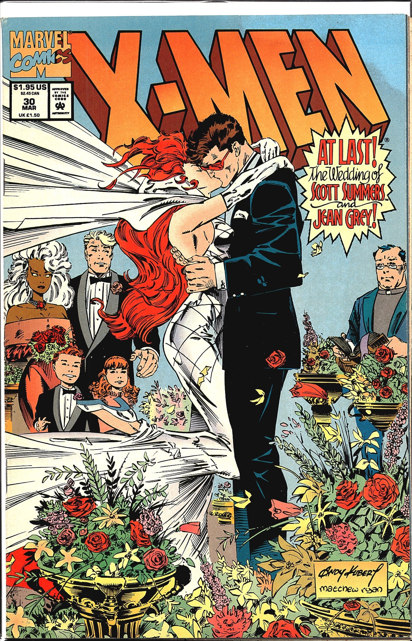 1994 Marvel X-Men #30 Jean Grey Scott Summers Wra: X-Men #30 (March 1994) published by Marvel Comics, featuring the landmark story 'At Last! The Wedding of Scott Summers and Jean Grey!' Cover art is signed by Andy Kubert and Matthew Ryan, depicting