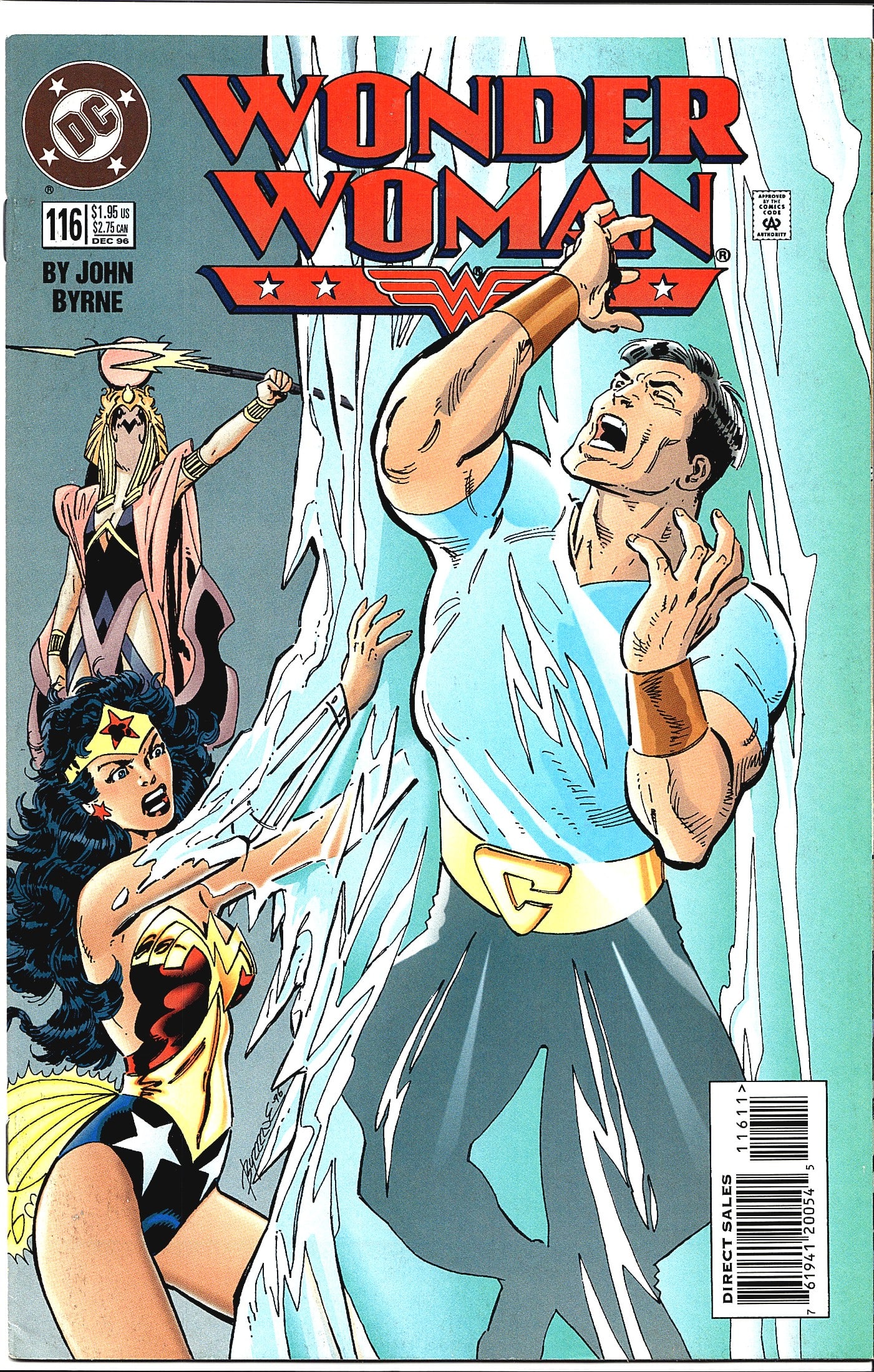 1996 DC Wonder Woman Vol 2 #116 Comic Book: Wonder Woman #116, published by DC Comics in December 1996, written and illustrated by John Byrne. The cover features Wonder Woman and a female companion reacting to a large male figure in distress,