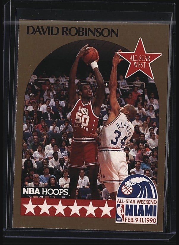 1990 NBA Hoops David Robinson #24 All-Star West R: 1990 NBA Hoops David Robinson #24 Center card from the San Antonio Spurs, selected for the 1990 All-Star Game in Miami (Feb 9-11, 1990). This is Robinson's first NBA All-Star Game appearance in his ro