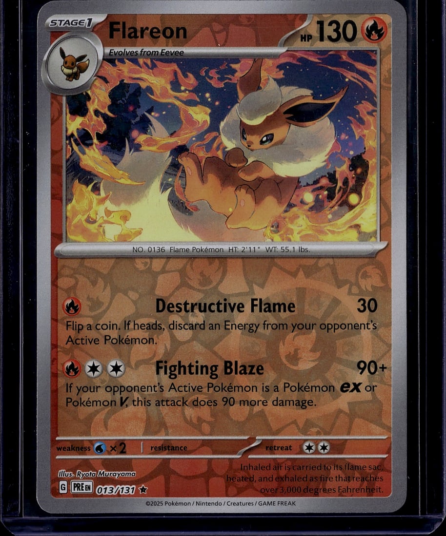 2025 Pokemon Flareon Stage 1 Card 073/131 Scarlet: This is a 2025 Pokemon Trading Card Game Flareon Stage 1 card from the Scarlet & Violet expansion set. Card number 073/131, Flareon features 130 HP and showcases beautiful full-art fire-type Pokemon