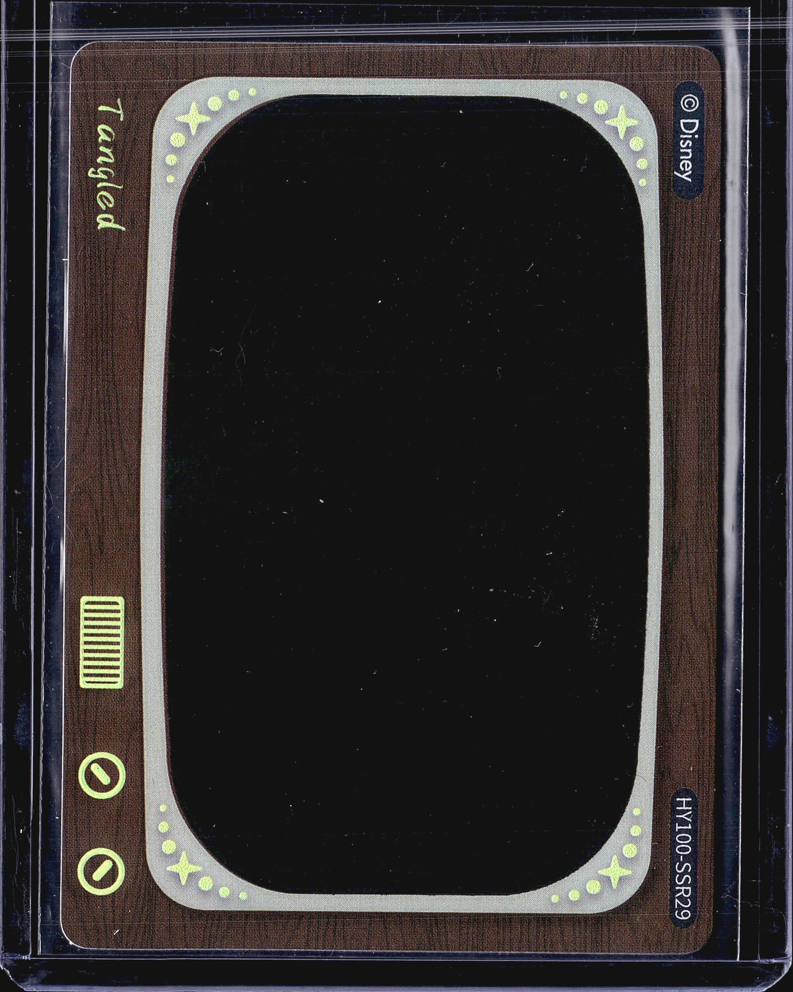2023 Card Fun Disney 100 Heat Activated HY100-SSR: This is a Disney 100 Heat Activated Movie Scenes card produced by Card Fun, numbered HY100-SSR29, associated with the Tangled property. The card features a dark/black center panel that reveals a