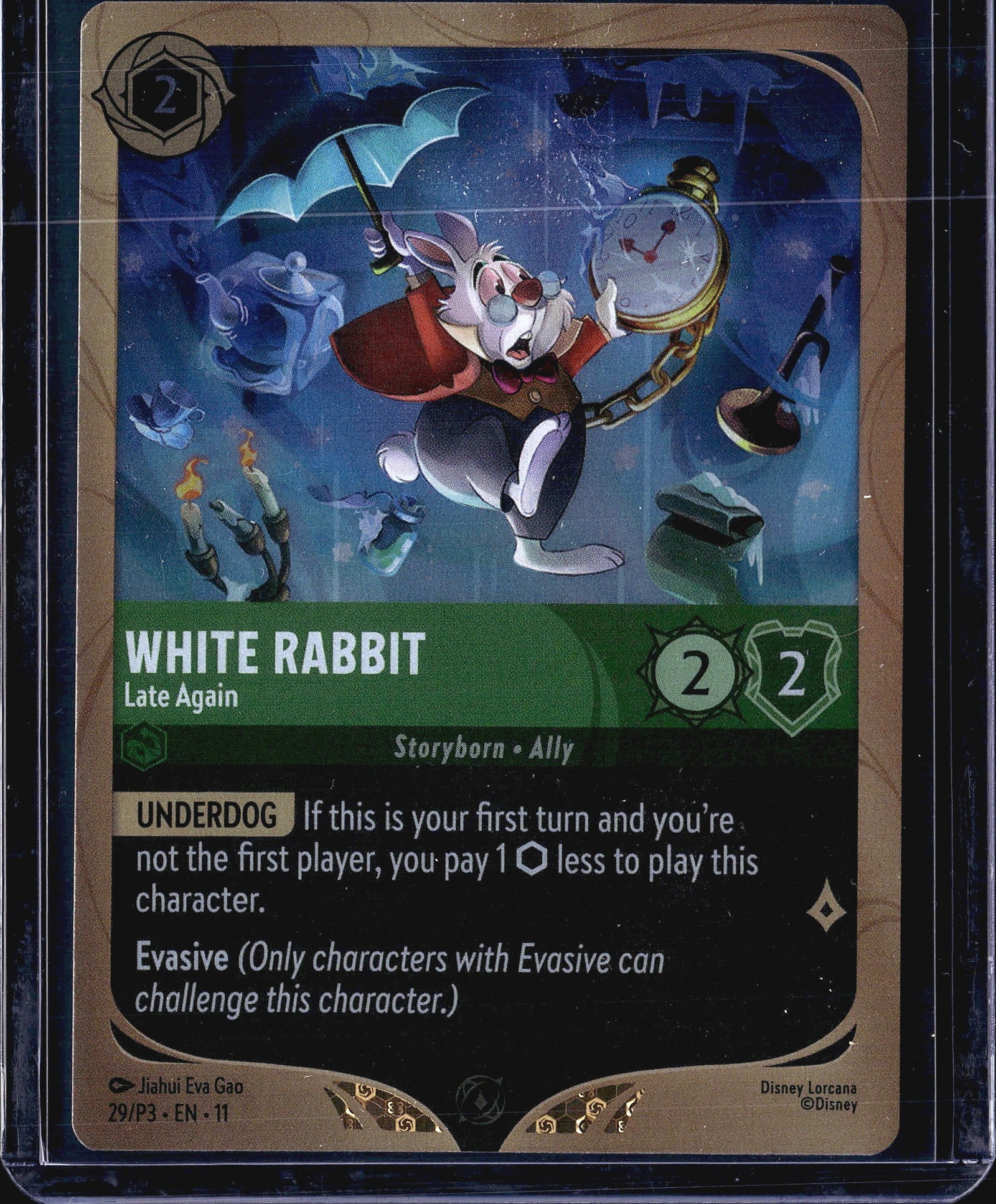 2024 Disney Lorcana Winterspell White Rabbit 29/P: This listing features the White Rabbit - Late Again promo card from Disney Lorcana, card number 29/P3, set code EN-11. Published by Disney Lorcana and illustrated by Jiahui Eva Gao, this Storyborn